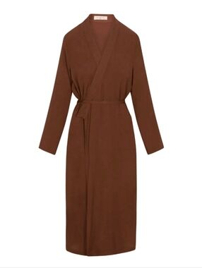 Oddbird Aydin Wrap Dress Chocolate Brown Vegan Silk Long Sleeve Lightweight $185